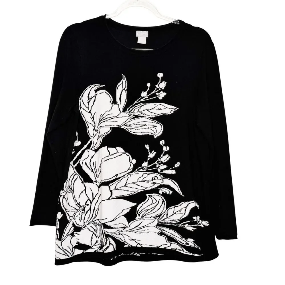CHICO’S Lightweight Floral Sweater Pullover Knit Tunic Black White Womens Size L - Picture 3 of 9